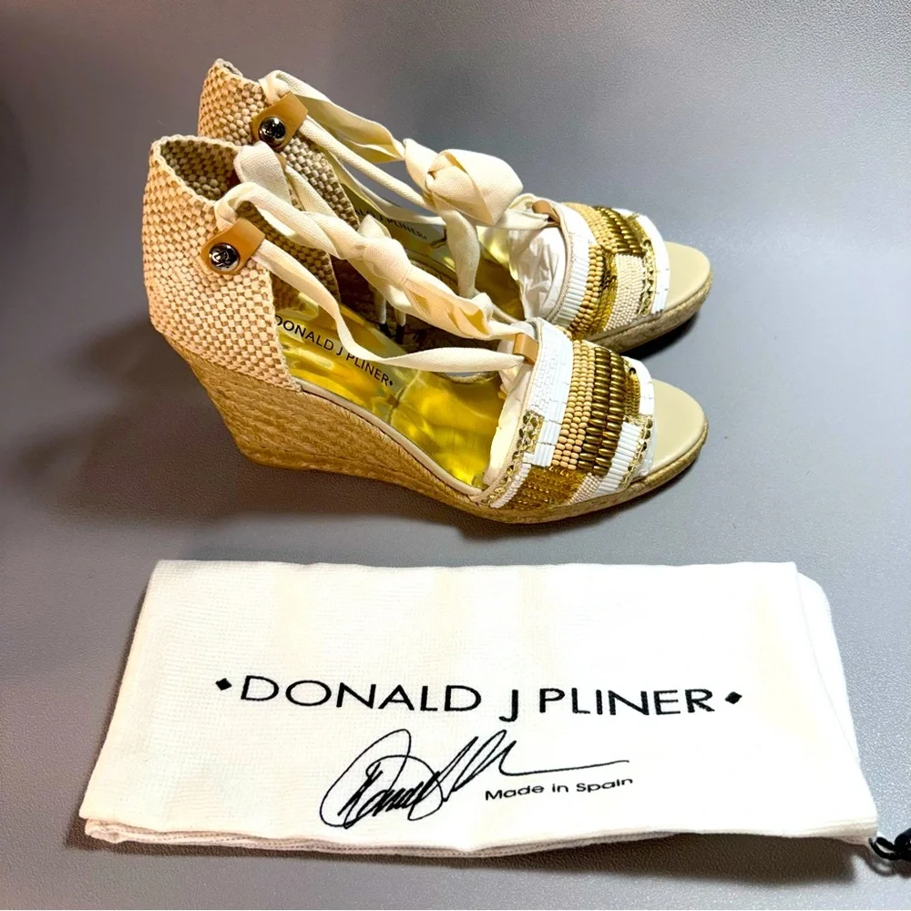 Donald J. Pliner New Elsa Cream and Gold Beaded Wedge Espadrille Sandles